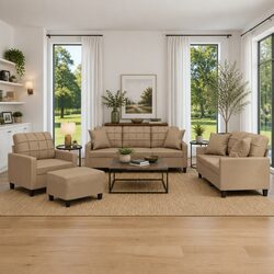 4-Piece Brown Faux Leather Sofa Set with Pillows