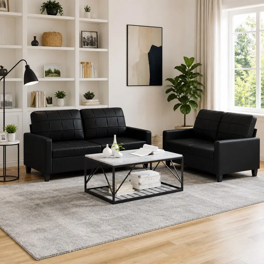 Sofa Set Modern Black Faux Leather 2 Piece Living Room Seating Furniture