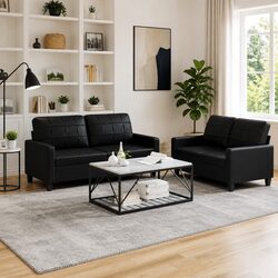 Cozy Black Faux Leather 2 Piece Sofa Set with Cushions