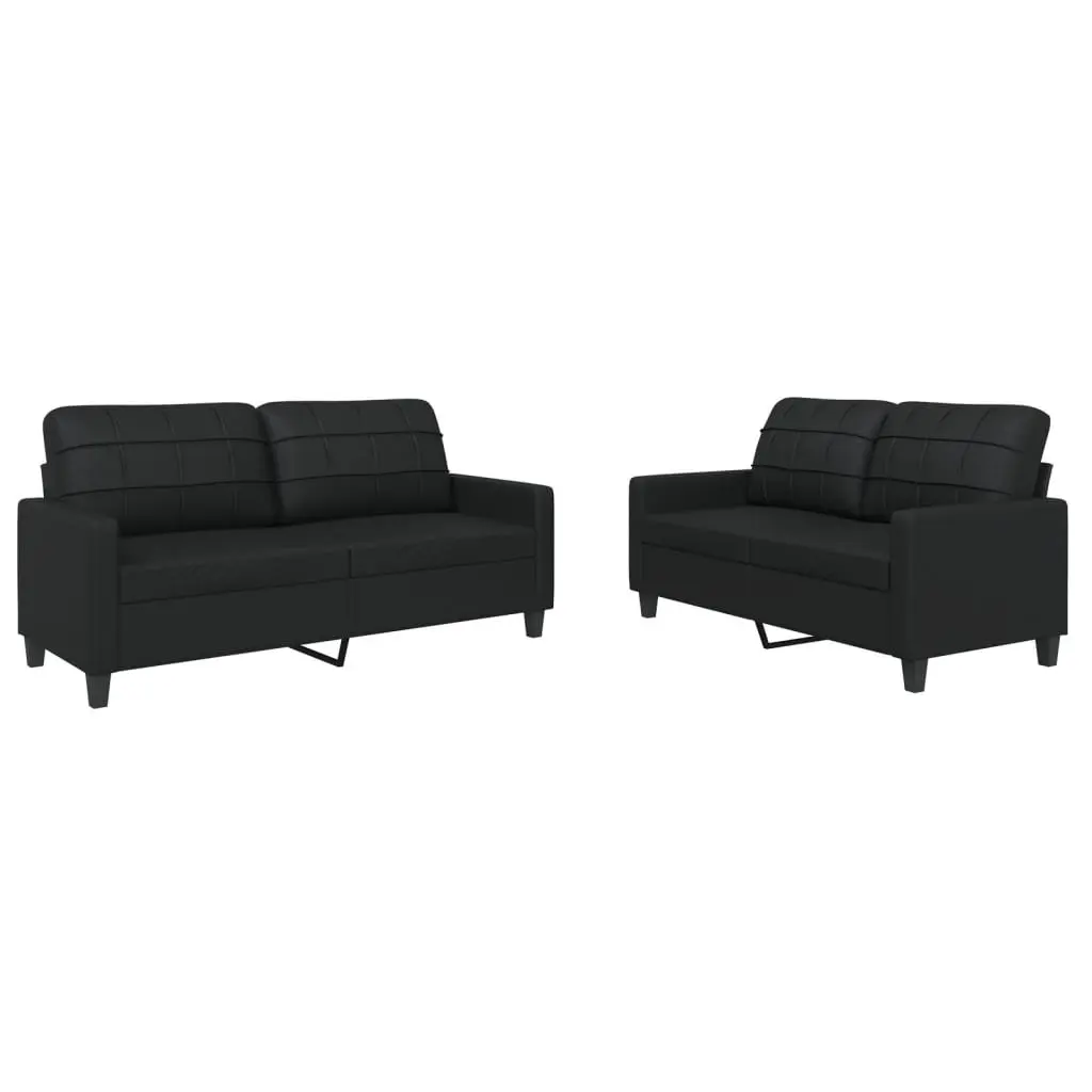 Sofa Set Modern Black Faux Leather 2 Piece Living Room Seating Furniture