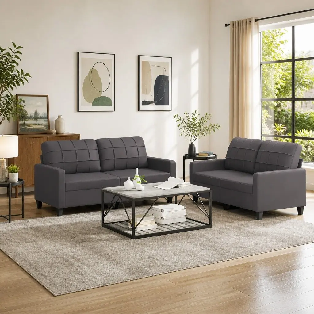 Grey Faux Leather 2 Piece Sectional Sofa Set Contemporary Living Room Furniture