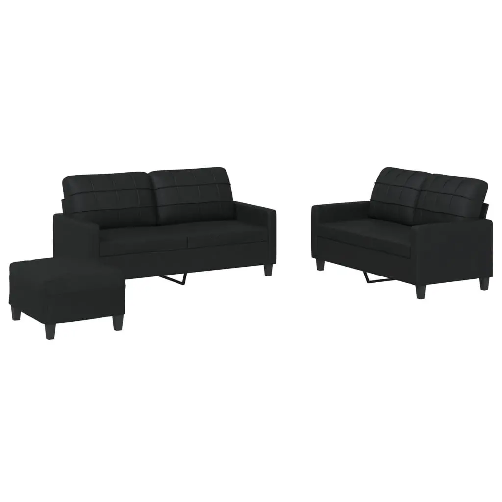3 Piece Sofa Set Black Faux Leather with Footstool