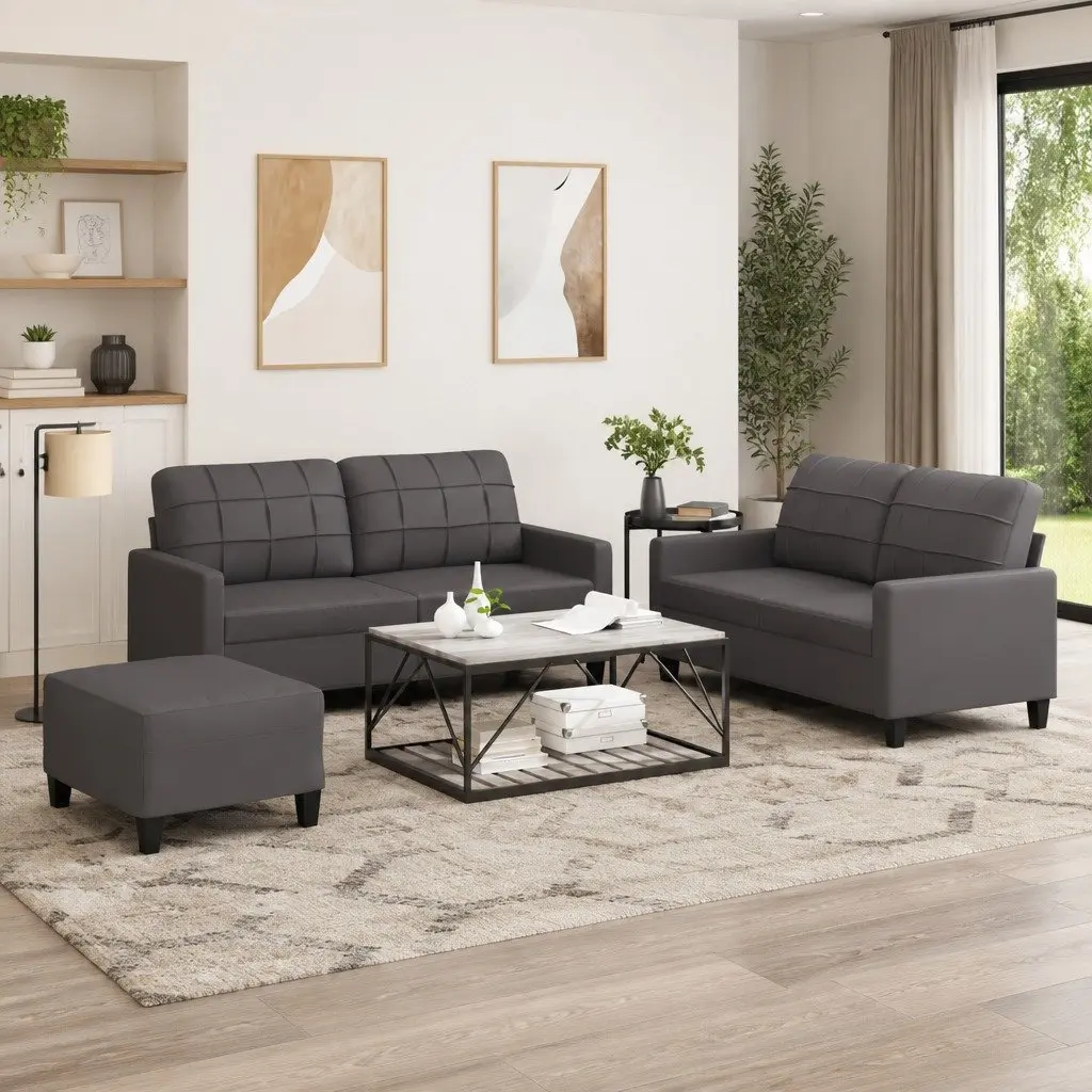 3 Piece Sofa Set Grey Faux Leather Lounge Suite Living Room Furniture