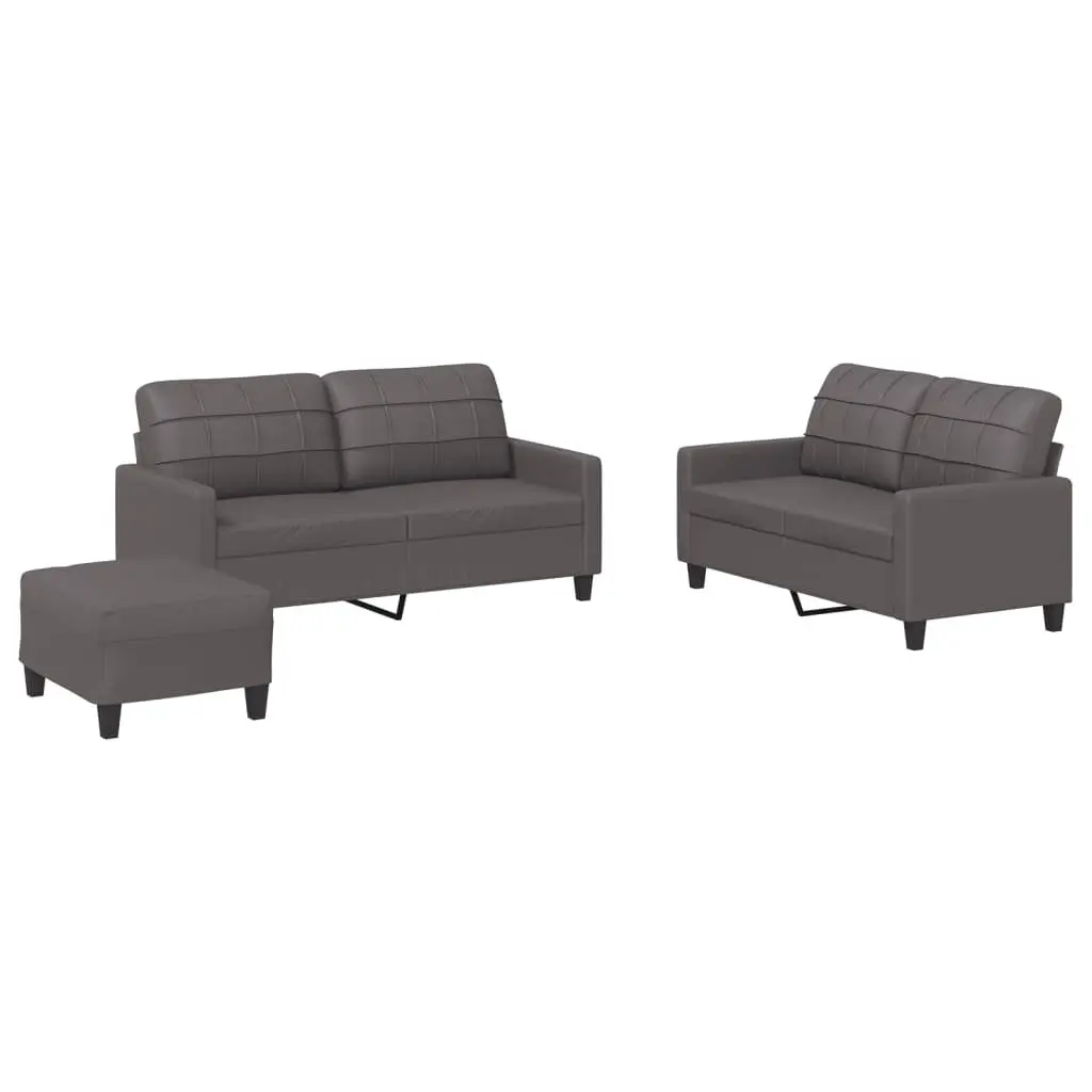 3 Piece Sofa Set Grey Faux Leather Lounge Suite Living Room Furniture