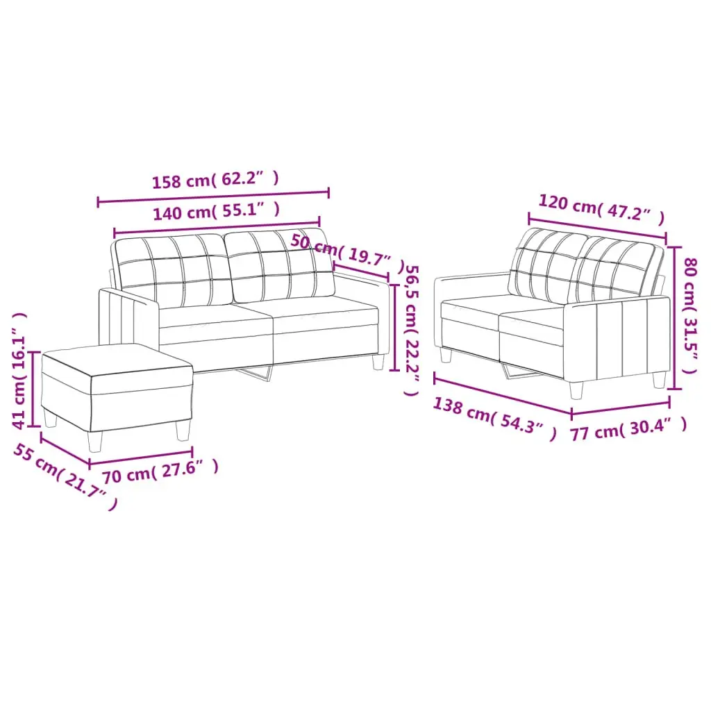3 Piece Sofa Set Grey Faux Leather Lounge Suite Living Room Furniture