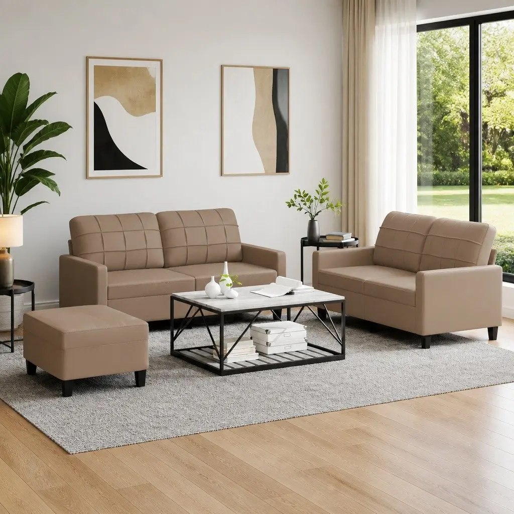 3 Piece Sofa Set Brown Faux Leather Compact Lounge Couch