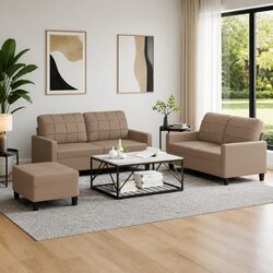 Cozy 3 Piece Sofa Set with Footstool in Brown Faux Leather