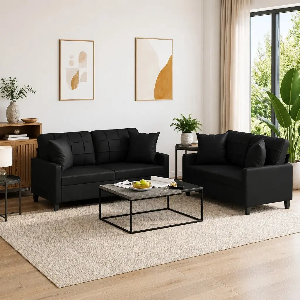 Sofa Set Black Faux Leather 2 Piece Lounge Couch
