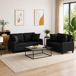 Warm Black Faux Leather 2 Piece Sofa Set with Pillows