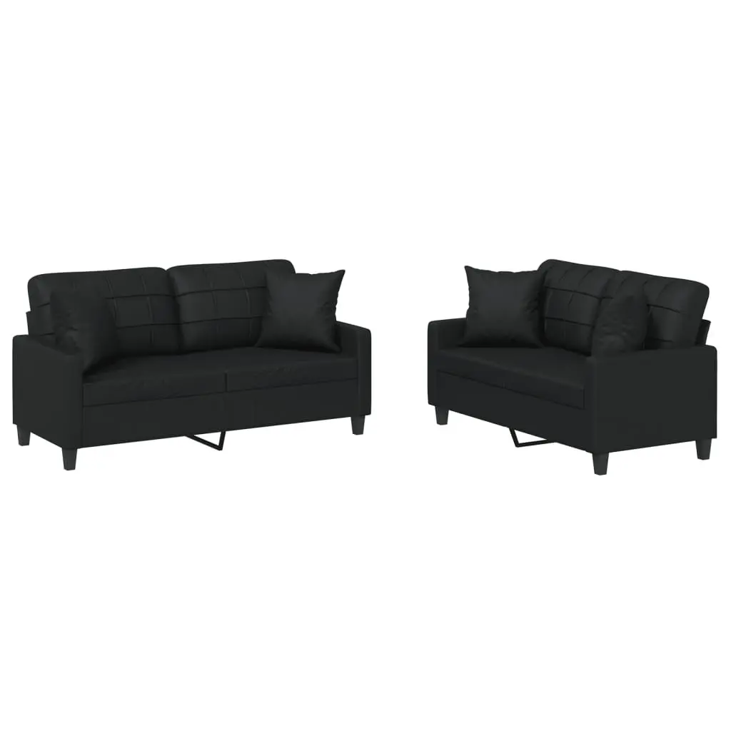 Sofa Set Black Faux Leather 2 Piece Lounge Couch