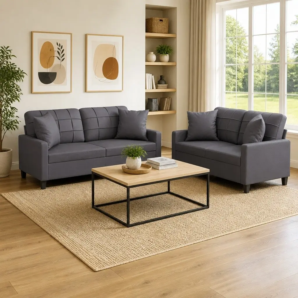 Sofa Set Grey Faux Leather 2 Piece Couch Lounge Suite