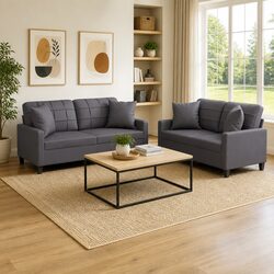 Grey Faux Leather 2 Piece Sofa Set with Pillows