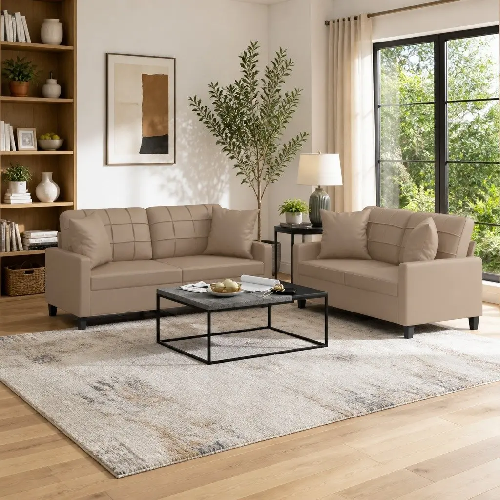 Brown Faux Leather 2 Piece Lounge Sofa Set with Throw Pillows