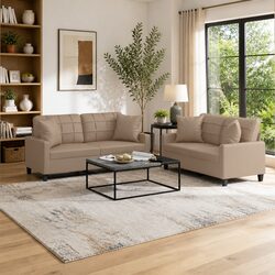 Warm Brown Faux Leather 2 Piece Sofa Set with Pillows