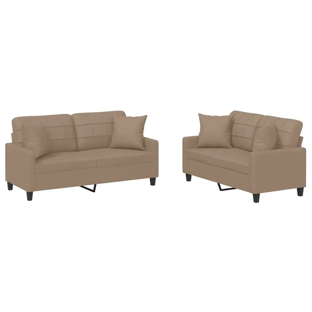 Brown Faux Leather 2 Piece Lounge Sofa Set with Throw Pillows