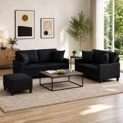 Cozy 3 Piece Black Faux Leather Sofa Set