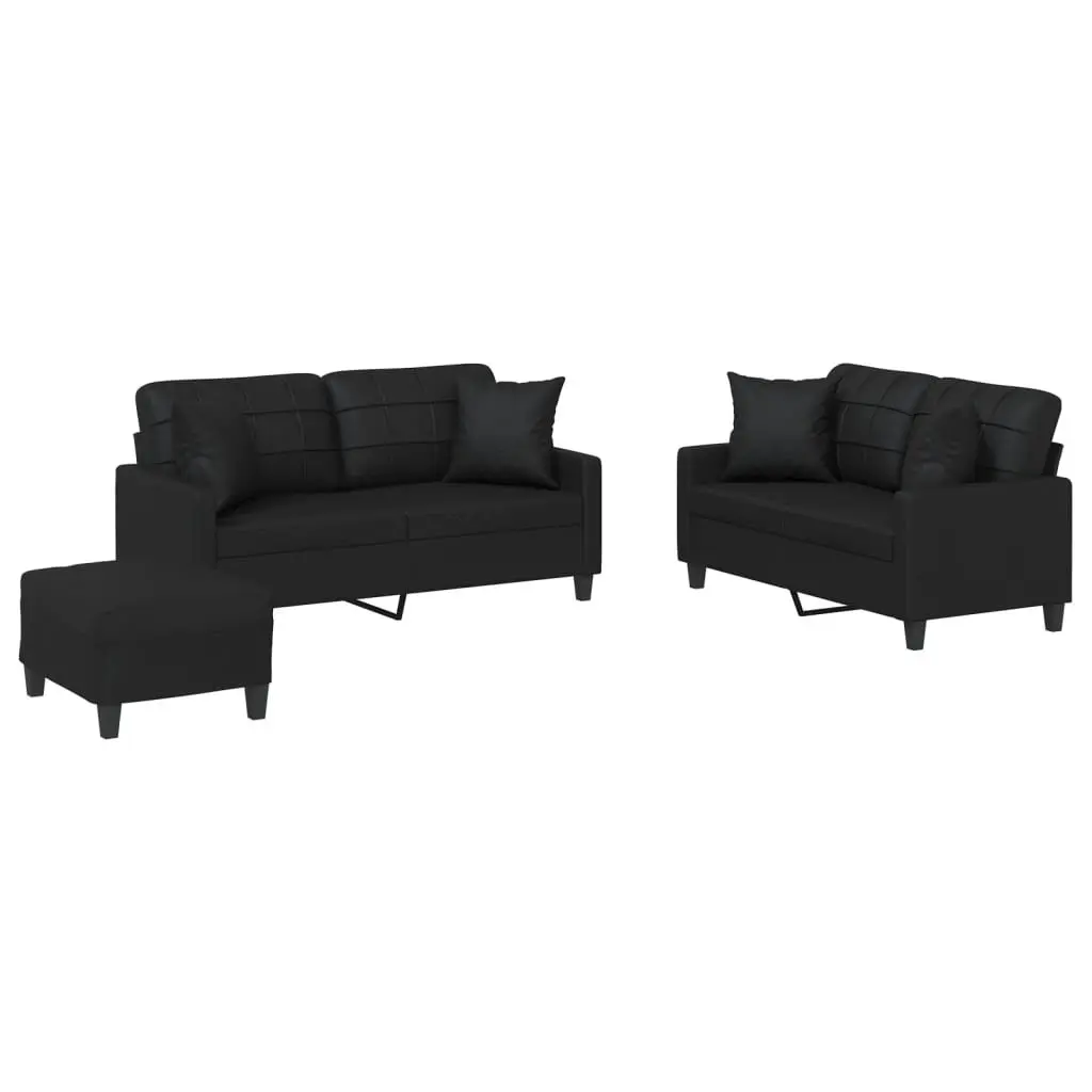 3 Piece Sofa Set Black Faux Leather Couch with Throw Pillows Footstool