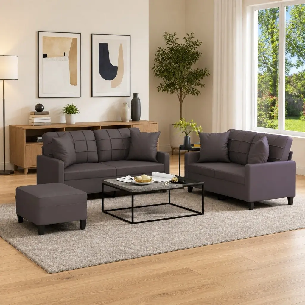 3 Piece Sofa Set Grey Faux Leather Lounge