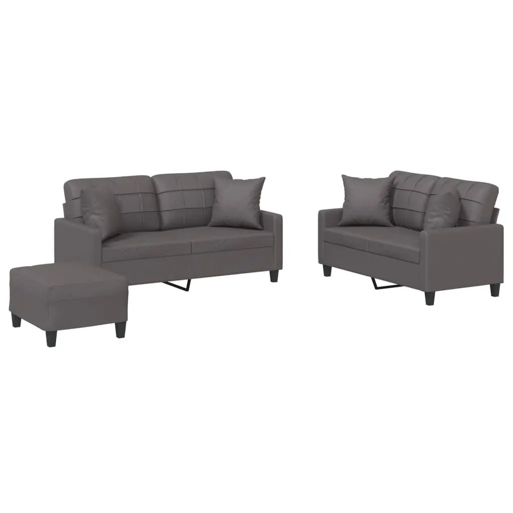 3 Piece Sofa Set Grey Faux Leather Lounge