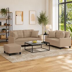 Brown Faux Leather 3 Piece Sofa Set with Pillows