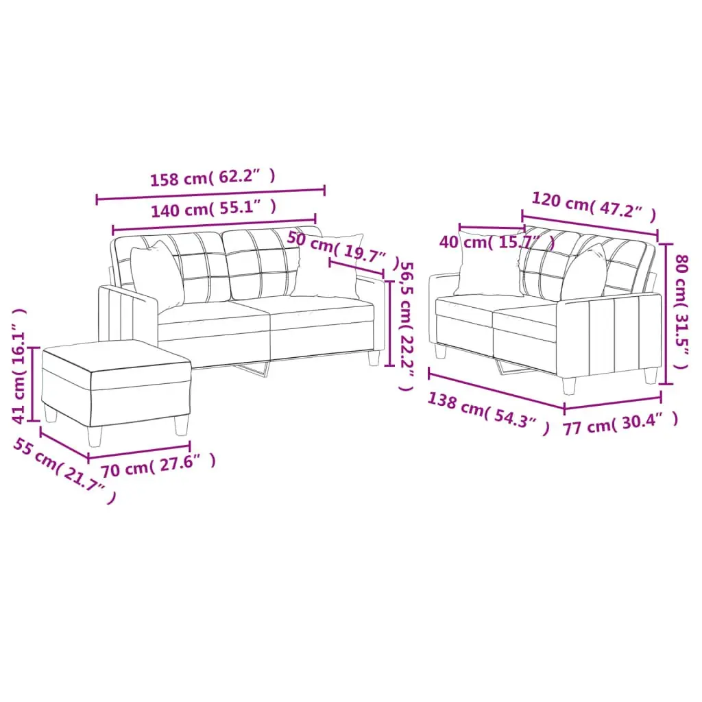 3 Piece Sofa Set with Throw Pillows Footstool Brown Faux Leather Living Room