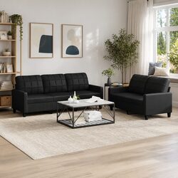 Comfortable 2 Piece Black Faux Leather Sofa Set