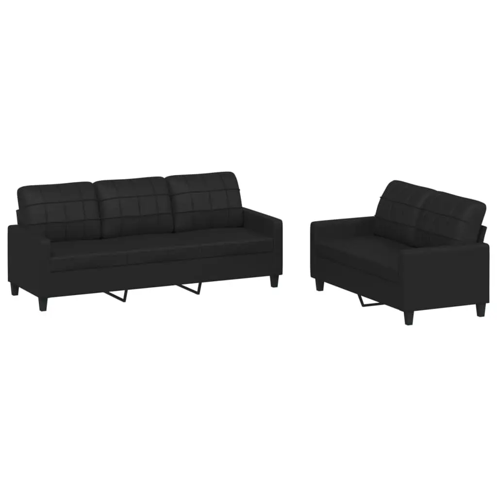 Sofa Set Black Faux Leather 2 Piece Living Room Furniture Seating with Cushions