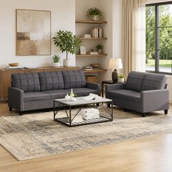 Comfortable 2 Piece Grey Faux Leather Sofa Set