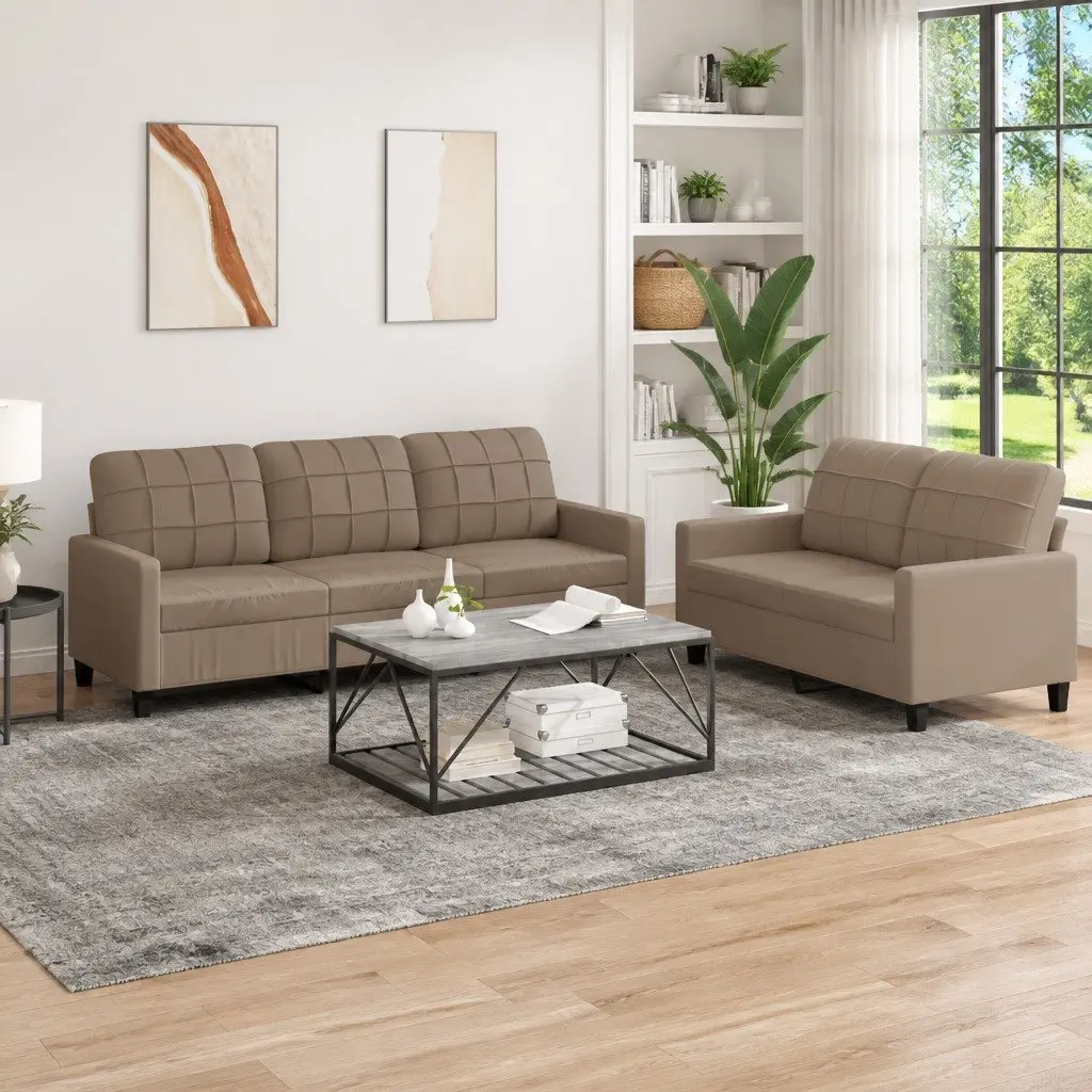 2 Piece Cushioned Lounge Suite Brown Faux Leather Sofa Set Modern Living Room Furniture