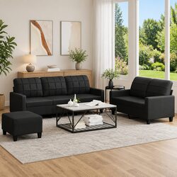 Elegant 3 Piece Sofa Set with Footstool in Black Faux Leather