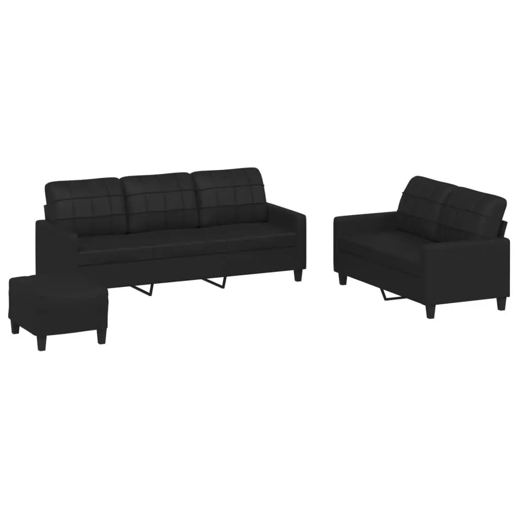 3 Piece Sofa Set Black Faux Leather Compact Living Room Furniture