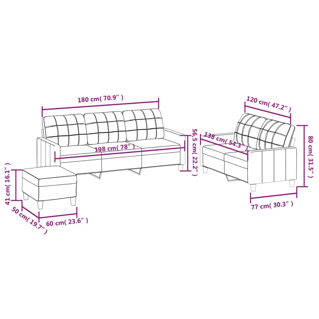 3 Piece Sofa Set Black Faux Leather Compact Living Room Furniture