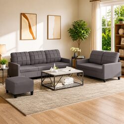 3 Piece Faux Leather Sofa Set with Footstool in Grey