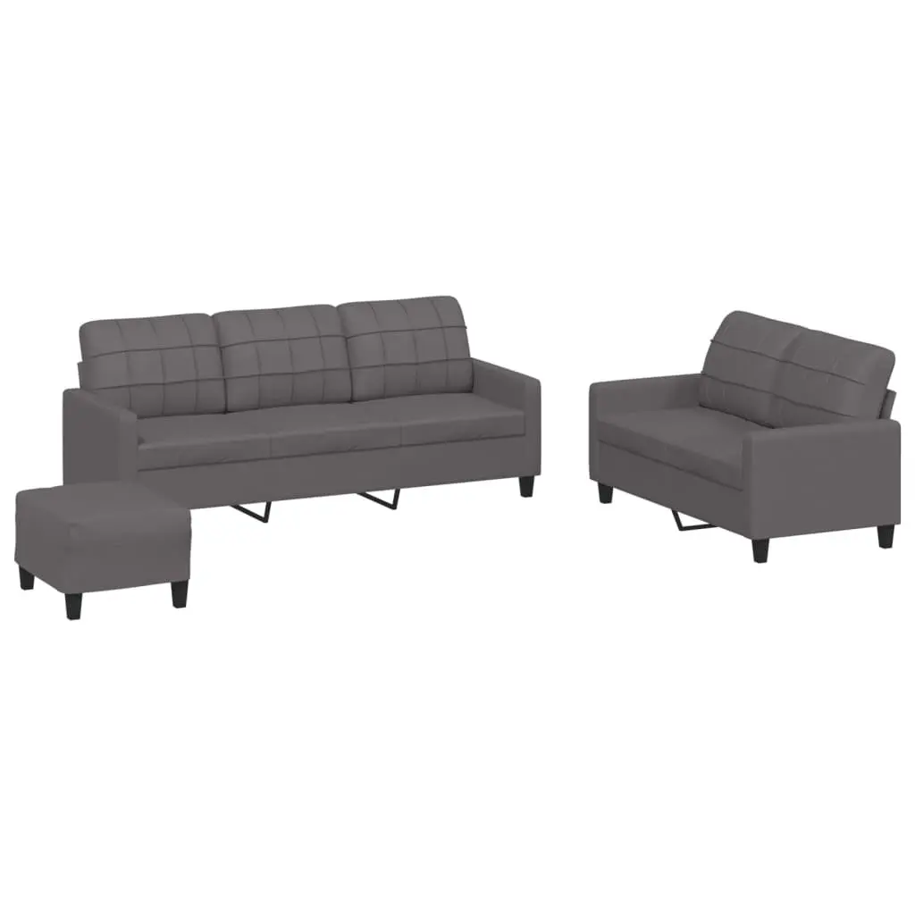 3 Piece Sofa Set Grey Faux Leather Compact Living Room Furniture
