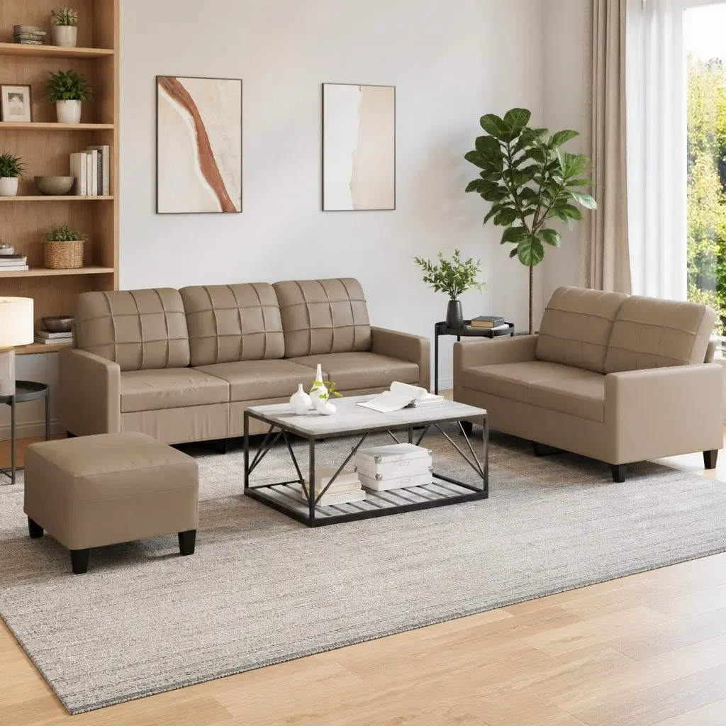 3 Piece Sofa Set Brown Faux Leather Living Room