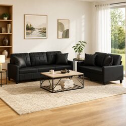 Black Faux Leather 2 Piece Sofa Set with Pillows