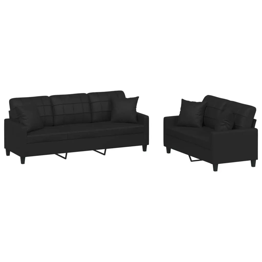 2 Piece Sofa Set Black Faux Leather Couch