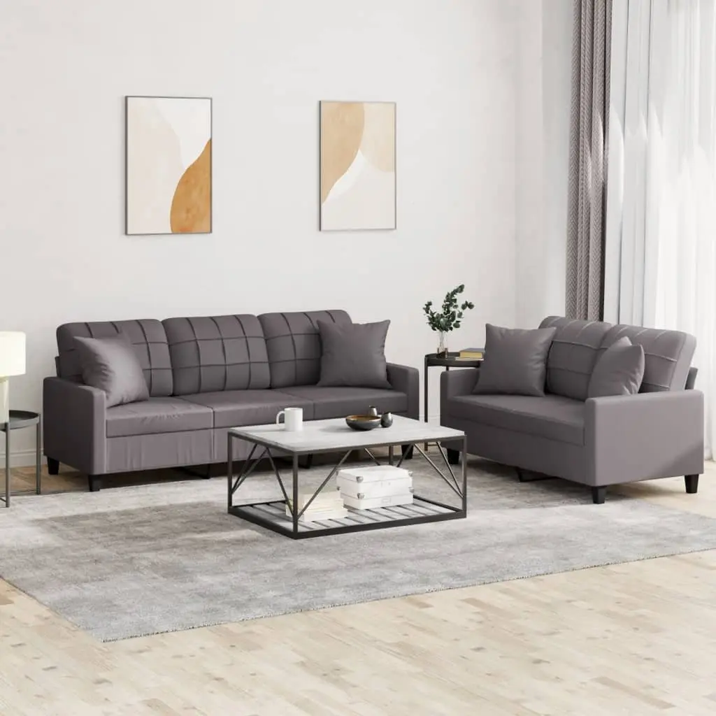 2 Piece Sofa Set Grey Faux Leather Couch with Throw Pillows Living Room