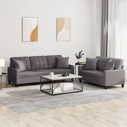 2 Piece Sofa Set Grey Faux Leather Couch with Throw Pillows Living Room