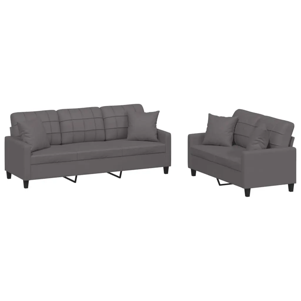 2 Piece Sofa Set Grey Faux Leather Couch with Throw Pillows Living Room