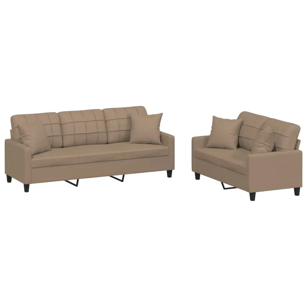 2 Piece Sofa Set Brown Faux Leather Sturdy Frame Padded Seat with Throw Pillows