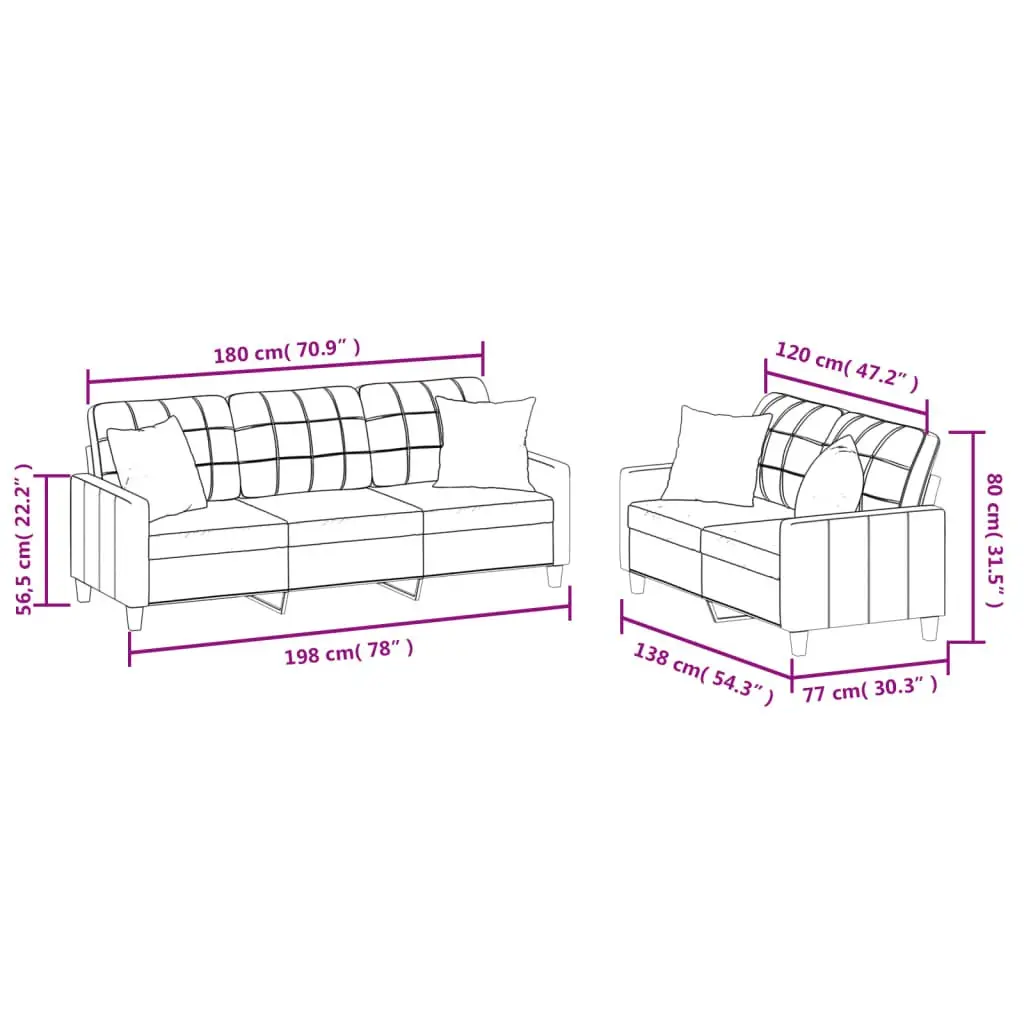 2 Piece Sofa Set Brown Faux Leather Sturdy Frame Padded Seat with Throw Pillows