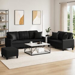 Black Faux Leather 3 Piece Sofa Set with Pillows