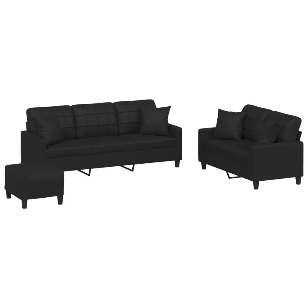 3 Piece Sofa Set Black Faux Leather Couch with Pillows