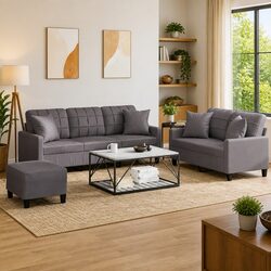 3 Piece Grey Faux Leather Sofa Set with Pillows