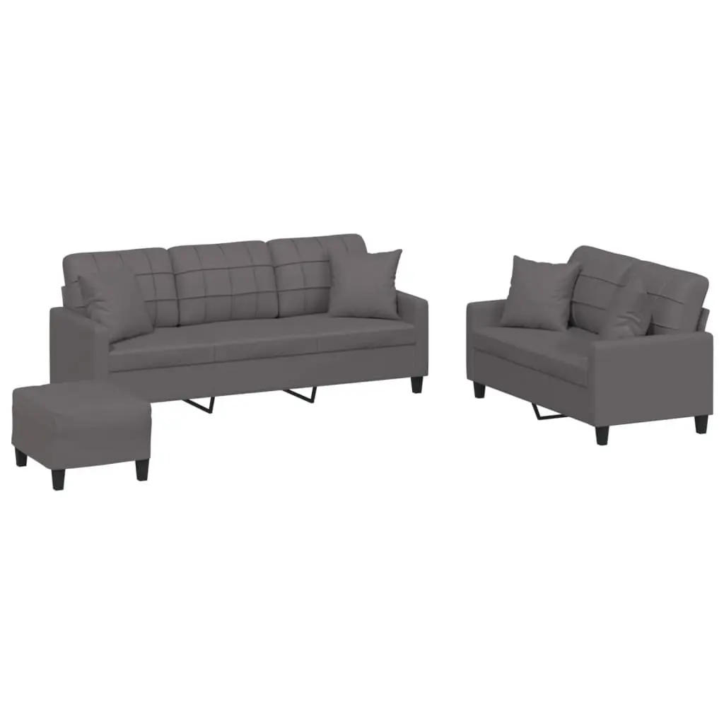 Grey Faux Leather 3 Piece Sofa Set with Footstool and Throw Pillows for Living Room