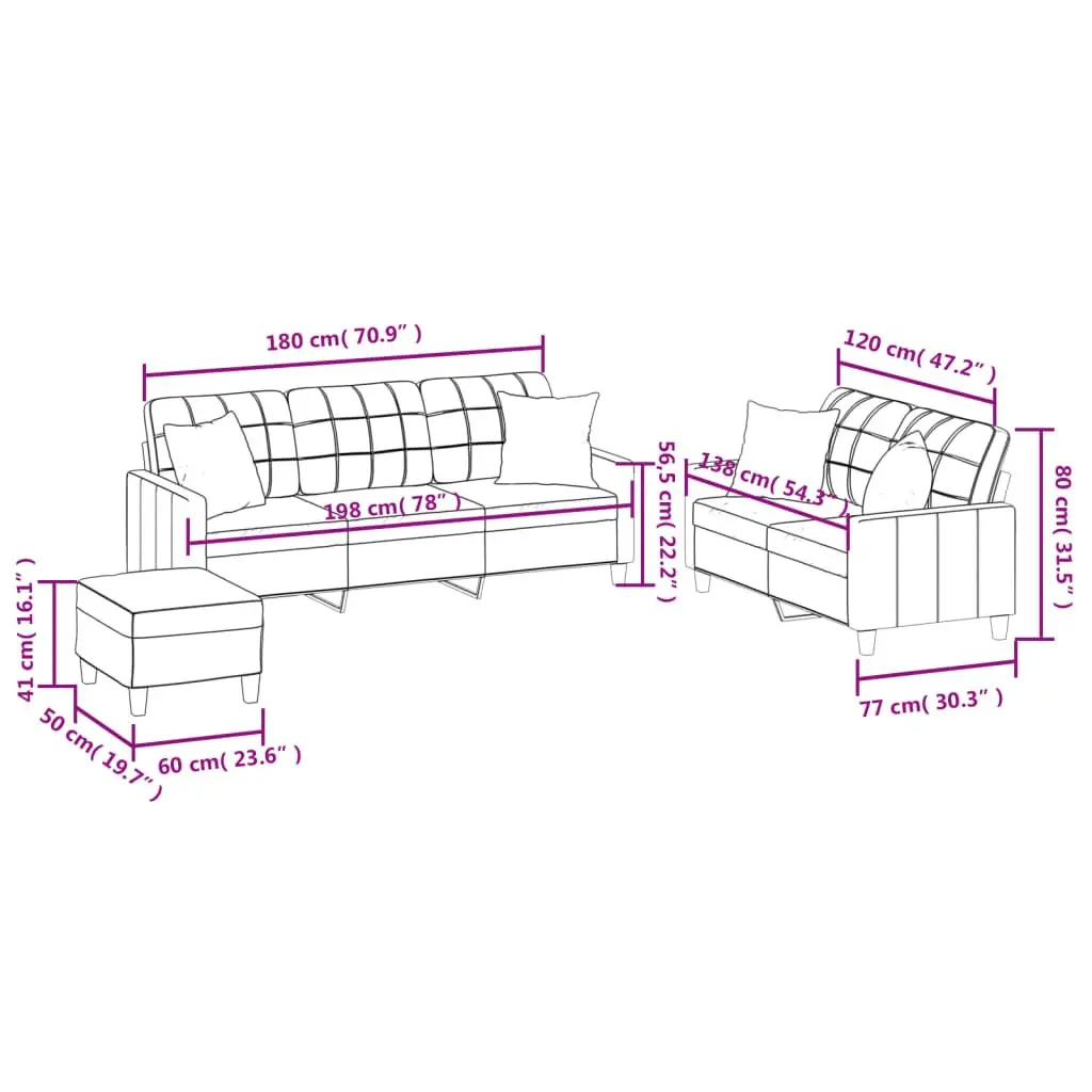 Grey Faux Leather 3 Piece Sofa Set with Footstool and Throw Pillows for Living Room