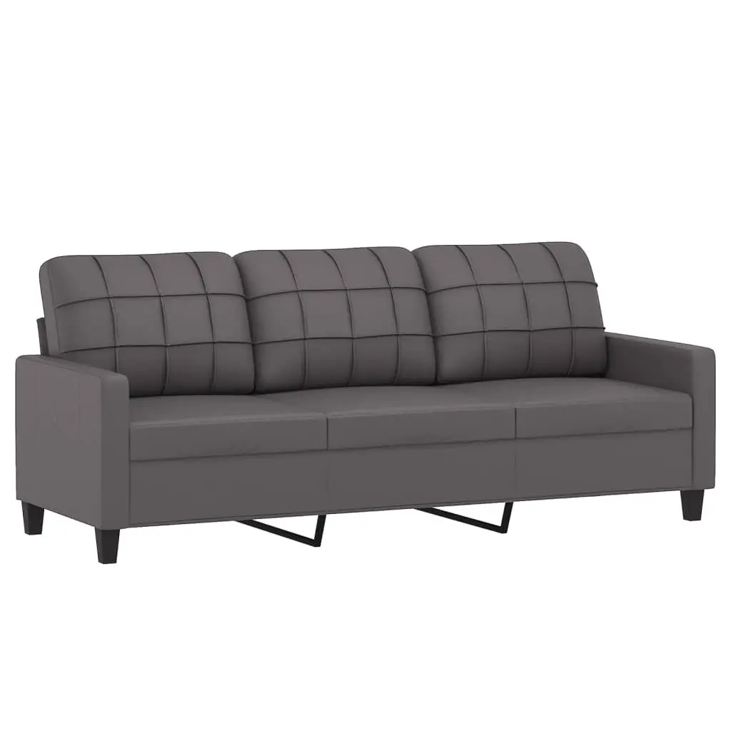 Grey Faux Leather 3 Piece Sofa Set with Footstool and Throw Pillows for Living Room