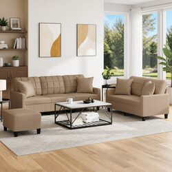 Cozy 3 Piece Sofa Set with Pillows & Footstool in Brown