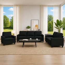 Cozy 3 Piece Black Faux Leather Sofa Set
